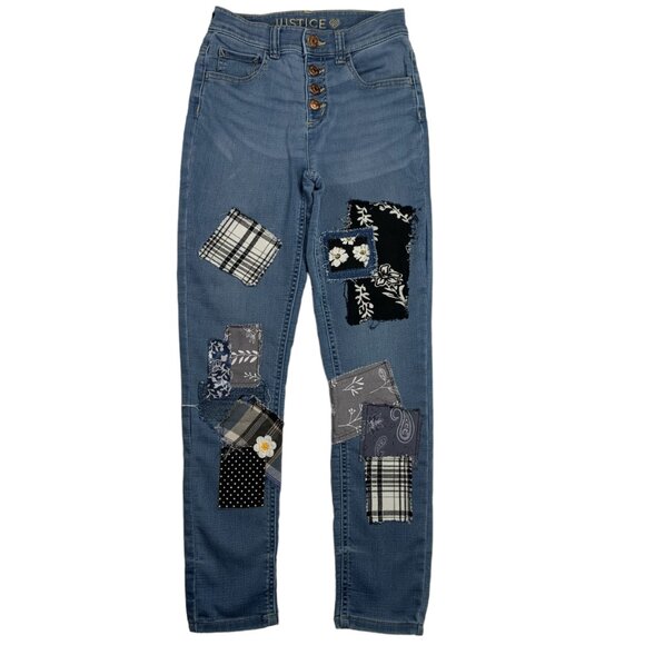 Justice Skinny Jeans Leggings Boho Patched Blue Black Plaid Girls Size 14 - Picture 2 of 11